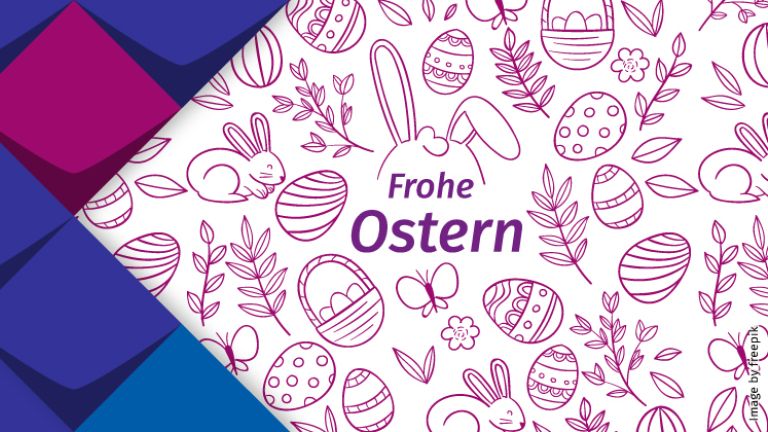 Zusammenstellung verschiedener Zeichnungen, wie Häschen, gemusterte Eier, Schmetterlinge und Blumen. Dazu der Text:. "Frohe Ostern"