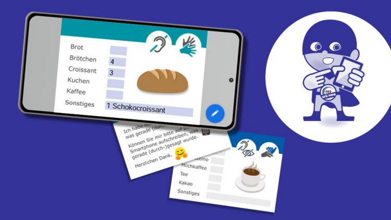 Der Schriftzug "Barry zeigt’s", daneben ein Smartphone mit Kommunikationskärtchen. Rechts im Bild die Superheldenfigur Barry. 