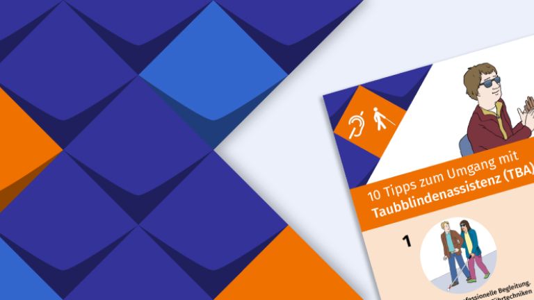 Ausschnitt eines Plakats in der Hauptfarbe orange mit zehn runden grafischen Illustrationen und dem Titel "10 Tipps zum Umgang mit Taubblindenassistenz"
