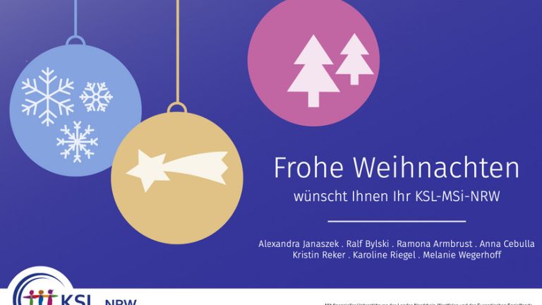 [Bildbeschreibung: Illustrativer, bunter Weihnachtsgruss mit 3 Christbaum-Kugel-Grafiken in den Hauptfarben Hellblau, Gelb und Pink. Der Hintergrund ist dunkelblau-lila. In den Christbaum-Kugeln sind verschiedenen weihnachtliche Motive in weissen Umrissen abgebildet, z.B. Tannenbäume, Schneeflocken und eine Sternschnuppe.]