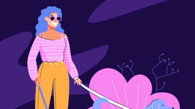 Text: "life without barriers" zu deutsch: Leben ohne Barrieren. Blinde Frau mit Blindenführhund. Abstrakte Grafik.