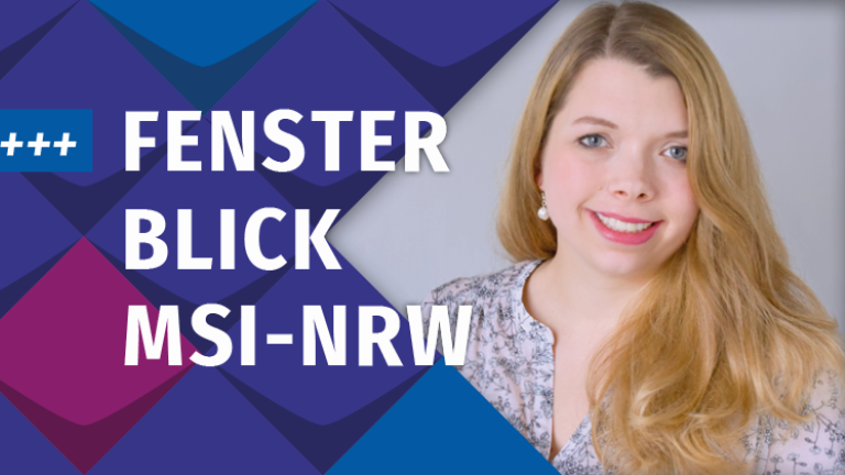 Portrait von Ramona Armbrust vor bunten Kacheln der KSL.NRW mit Hinweis zu ihrem Blog