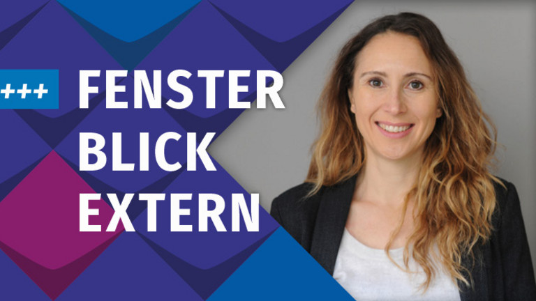 Text vor KSL Kacheln: Fensterblick Extern. Auf der rechten Seite ein Bild von Dr. Susann Kroworsch