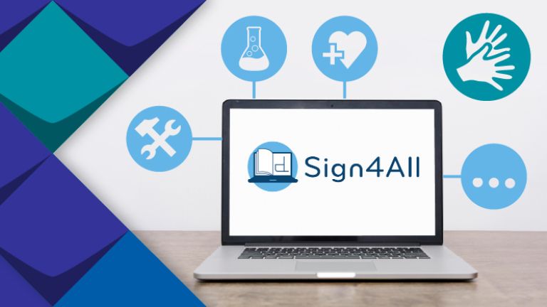 Das Lexikon Sign4All auf dem Laptop ist zu sehen. Oben sind verschiedne Symbole für Fachgebärden in Deutscher Gebärdensprache dargestellt. 