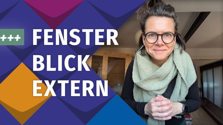 Bunte Kacheln als Stilelemente der KSL.NRW rahmen ein Foto von Magdalena Grzyb und Anna Cebulla ein. Drumherum sind bunte Stilelemente der KSL.NRW. Links daneben steht Fensterblick Extern